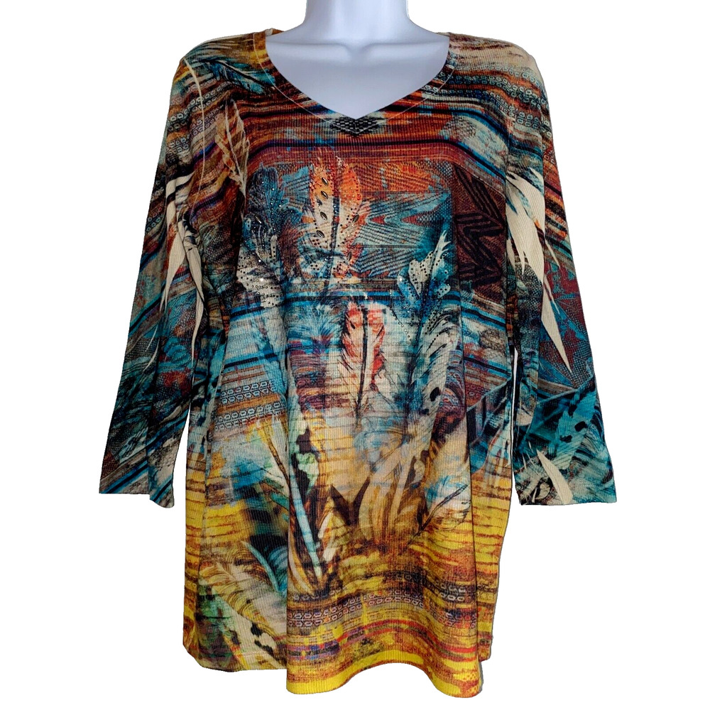 New Directions Weekend Womens Size Large Multicolor Feather Pattern Top